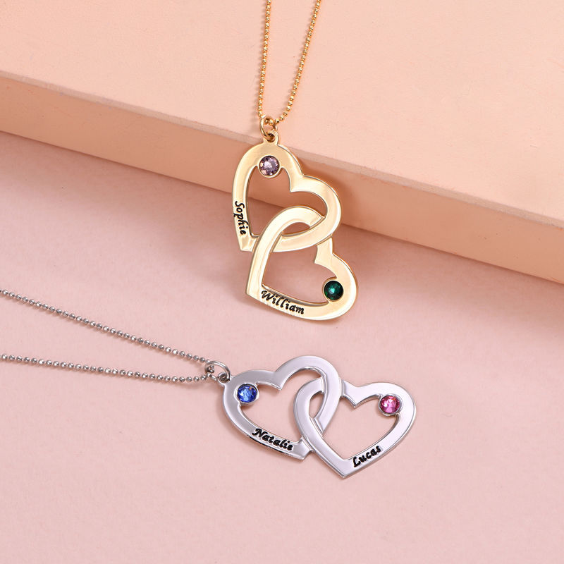 Heart in Heart Necklace with Birthstones - 10K Gold - 2